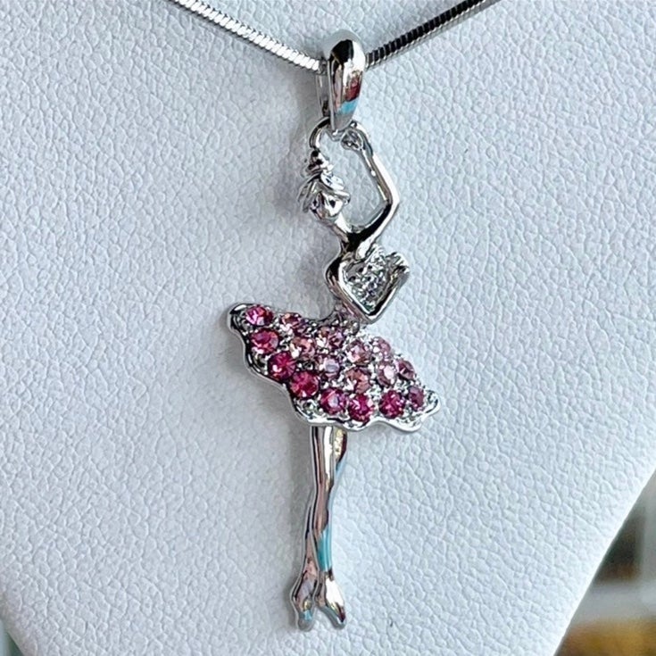 Pink Crystal Ballerina Necklace in White Gold