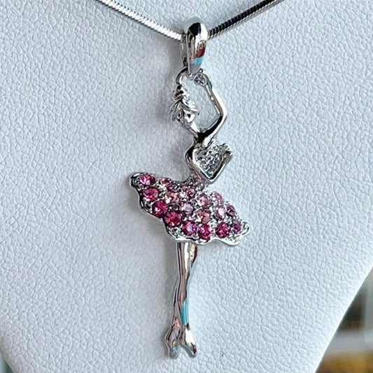 Pink Crystal Ballerina Necklace in White Gold