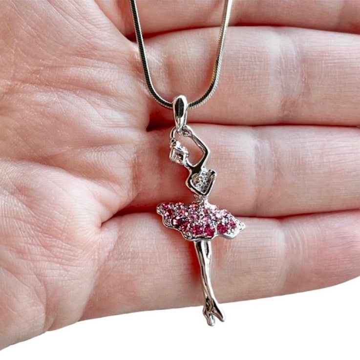 Pink Crystal Ballerina Necklace in White Gold