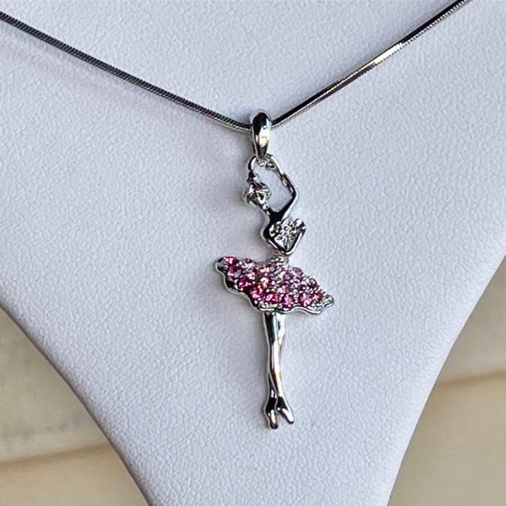 Pink Crystal Ballerina Necklace in White Gold